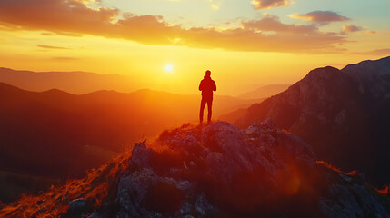 Person Standing on Mountain Peak at Sunset