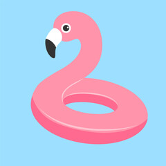 Pink inflatable flamingo in flat style on blue background. Vector illustration.
