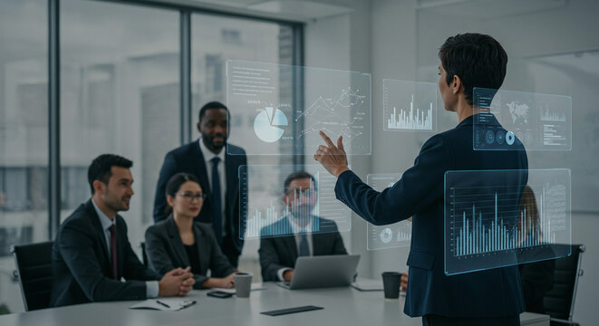 Diverse team analyzes data projections with augmented reality technology during a strategic business meeting in a modern office space.