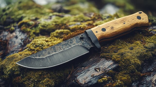 Forest-inspired fixed blade knife with wood handle