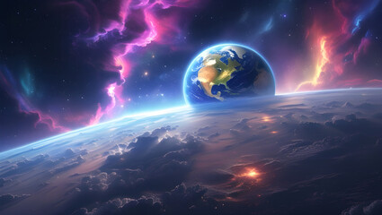 Obraz premium Earth-Like Exoplanet with Oceans and Auroras in Space – Sci-Fi Space Concept Art