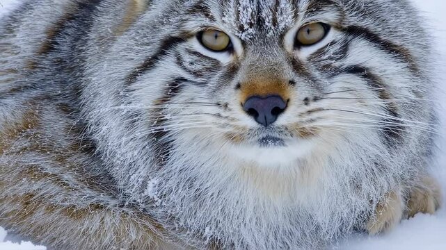 Pallas's Cat Portrait in Winter Snow