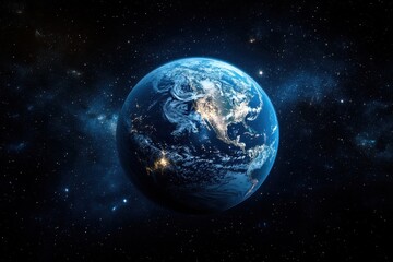 Captivating view of Earth from space highlighting landmasses and city lights at night