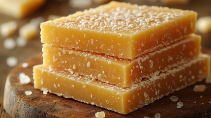 Stacked sweet confection on wooden surface with texture and detail