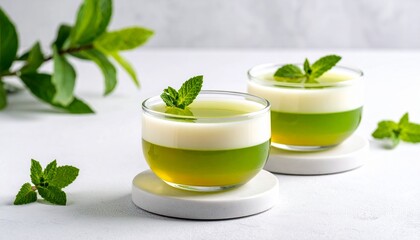 Refreshing Layered Green Tea and Cream Dessert in Glass Bowls Perfect Summer Treat