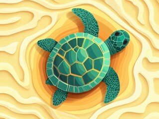 Green sea turtle resting on wavy sand patterns.