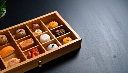 Assorted Colorful Pastries in Wooden Box Delicious Sweet Treats Gift Box