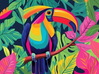 Colorful toucan perched on a branch in tropical jungle setting.