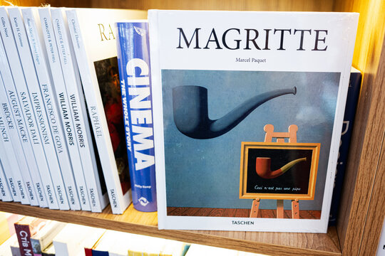 Bookshelf display with various art and culture books including one about Magritte