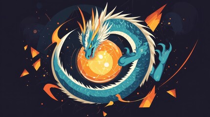 Fiery dragon circling around a glowing orb in a dynamic composition.