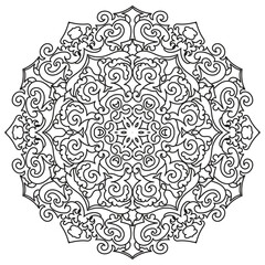 Intricate Circular Mandala with Swirls and Petals: Detailed Line Art for Coloring and Creative Design Projects