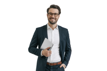 Businessman with laptop isolated on transparent background.