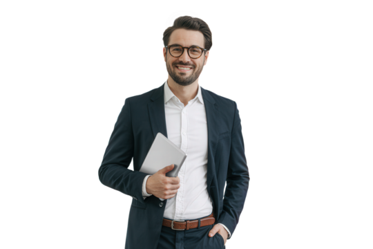 Businessman with laptop isolated on transparent background.