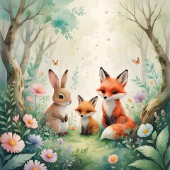 rabbits in the woods easter card illustration