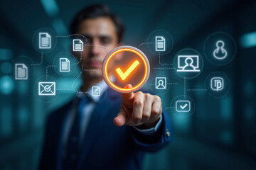 Businessman Audit documents, quality assessment management With a checklist, business document evaluation process, plan review process. Market data report analysis and consulting. 