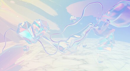 Obraz premium Ethereal pastel abstract with large iridescent geometric shapes, smaller crystals, and flowing lines on a marble surface. Dreamy, modern, and delicate design.