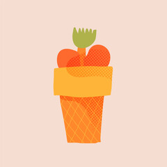 Vector paper cutout flat vase in the form of waffle ice cream cone with abstract flowers bouquet in pastel tones, featuring halftone texture and collage style. Minimalist hand drawn illustration
