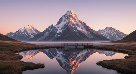 Mountain Reflection at Serene Lake Tranquil Sunset Scene in Nature Photography