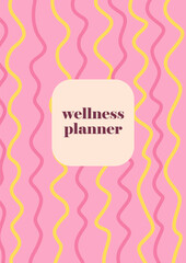 Vector hand-drawn minimalist wellness planner cover template with pastel pink and yellow tones, wavy vertical lines. Trendy, playful designs for social media, stationery, and branding
