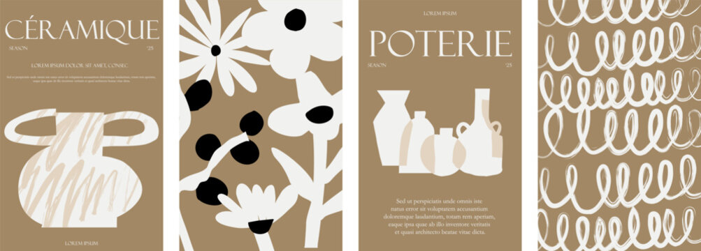 Modern art cutout design posters with ceramic pots and vases, floral and texture motives, french typography flyer design for advertisement, social media and home decor. Vector pottery illustration