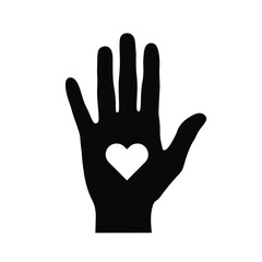 A black hand silhouette displaying a heart symbol for love and caring concept