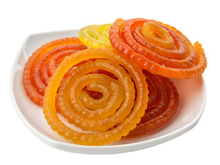 Fototapeta premium Pile of Jalebi Indian Dessert on Plate Isolated on transparent background cutout, PNG file, Cutout file