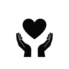 Black silhouette hands cradling a heart symbolizing love care and compassion on white background