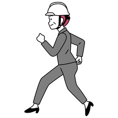 走るスーツにヘルメットの中年女性（横向き）