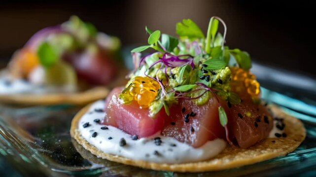 Close up shot of two gourmet tuna tostadas, garnished with orange fish eggs, microgreens, and black sesame seeds. Creamy white sauce base, shallow depth of field.