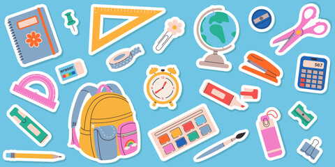 Set of school stationery and education stickers. Back to school concept. Hand drawn school supplies. Design for flyers, advertisements, paper, textiles, fabric, scrapbooking, cards, paper crafts.