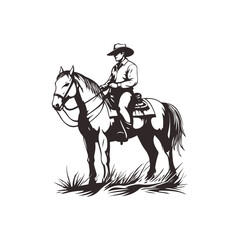 Cowboy Riding a Horse Vector Illustration. Cowboy wearing a hat riding a horse in a black and white vector illustration, evoking a sense of adventure and timeless western lifestyle, ideal for classic 