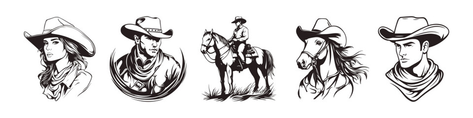 Fototapeta premium Western Cowboy and Cowgirl Portraits Vector Illustration. Black and white vector illustration featuring portraits of cowboys and cowgirl in traditional hats and scarves, alongside a horse and rider.