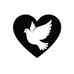 Symbolic illustration of a white dove in flight within a heart shape silhouette