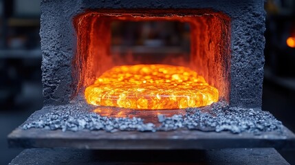 Glowing molten metal through forge opening with fiery embers and textured surface