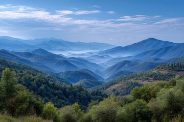 Fototapeta premium Misty Blue Mountains: A Serene Landscape Panorama