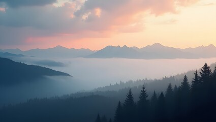 Obraz premium beautiful mountain landscape, foggy morning, dramatic sky with warm pastel colors, pine forest in foreground, silhouetted mountains in distance 