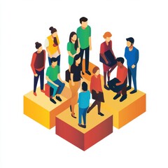 Isometric group of people sitting and standing on yellow and orange cubes