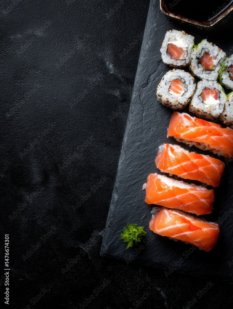 Poster sushi set displayed on black slate tray with glowing edge at a dining area during evening meal