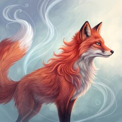 Beautiful red fox with flowing fur surrounded by wisps of smoke
