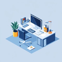 Obraz premium Isometric workspace with monitor, keyboard, books, lamp, and office chair
