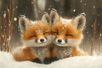 Obraz premium Two playful foxes cuddle in the snowy forest during a gentle snowfall
