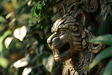 Intricate stone lion sculpture, partially hidden by lush foliage, showcasing ancient craftsmanship.