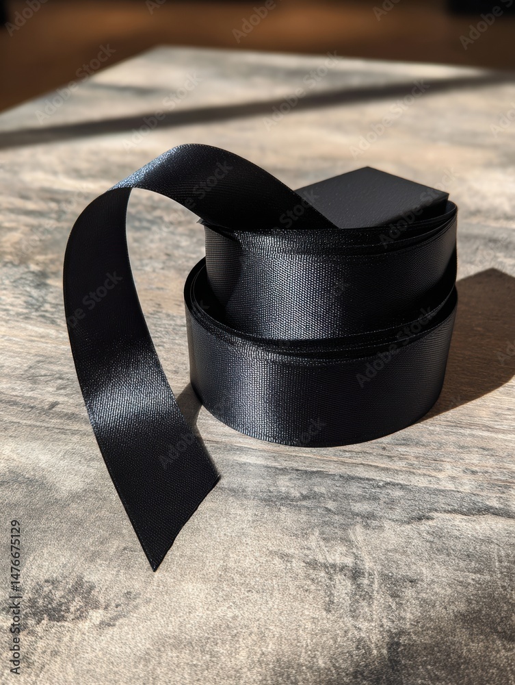 Poster Elegant Black Ribbon With Shadowed Edges Placed on a Textured Surface in a Well-Lit Setting Ideal for Wrapping Gifts or Crafts