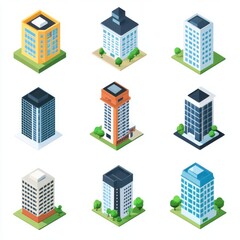 Assortment of modern office buildings and residential skyscrapers in isometric style.