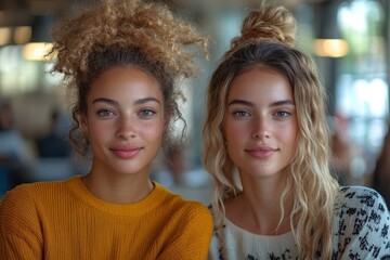 Obraz premium Two young women with beautiful hair and clear smiles at a cafe enjoying a moment together in the afternoon light
