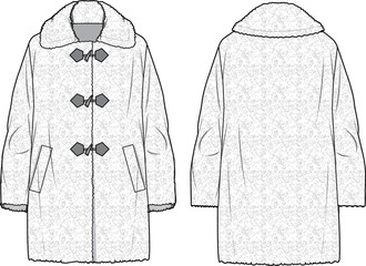 Women's Teddy Coat. Technical fashion illustration. Front and back, white colour. Women's CAD mock-