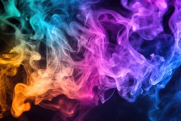 Fototapeta premium Vibrant smoke swirls in hues of blue, pink, orange, and yellow against a black background. Intricate patterns of smoky clouds