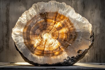 A stunning petrified wood cross-section, showcasing its intricate rings and warm, earthy tones.