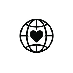 Black and white illustration of a globe with a heart symbol inside representing global love