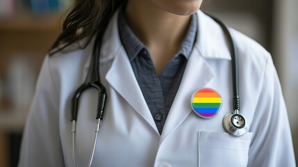 Doctor wearing white coat with lgbtq rainbow pride badge